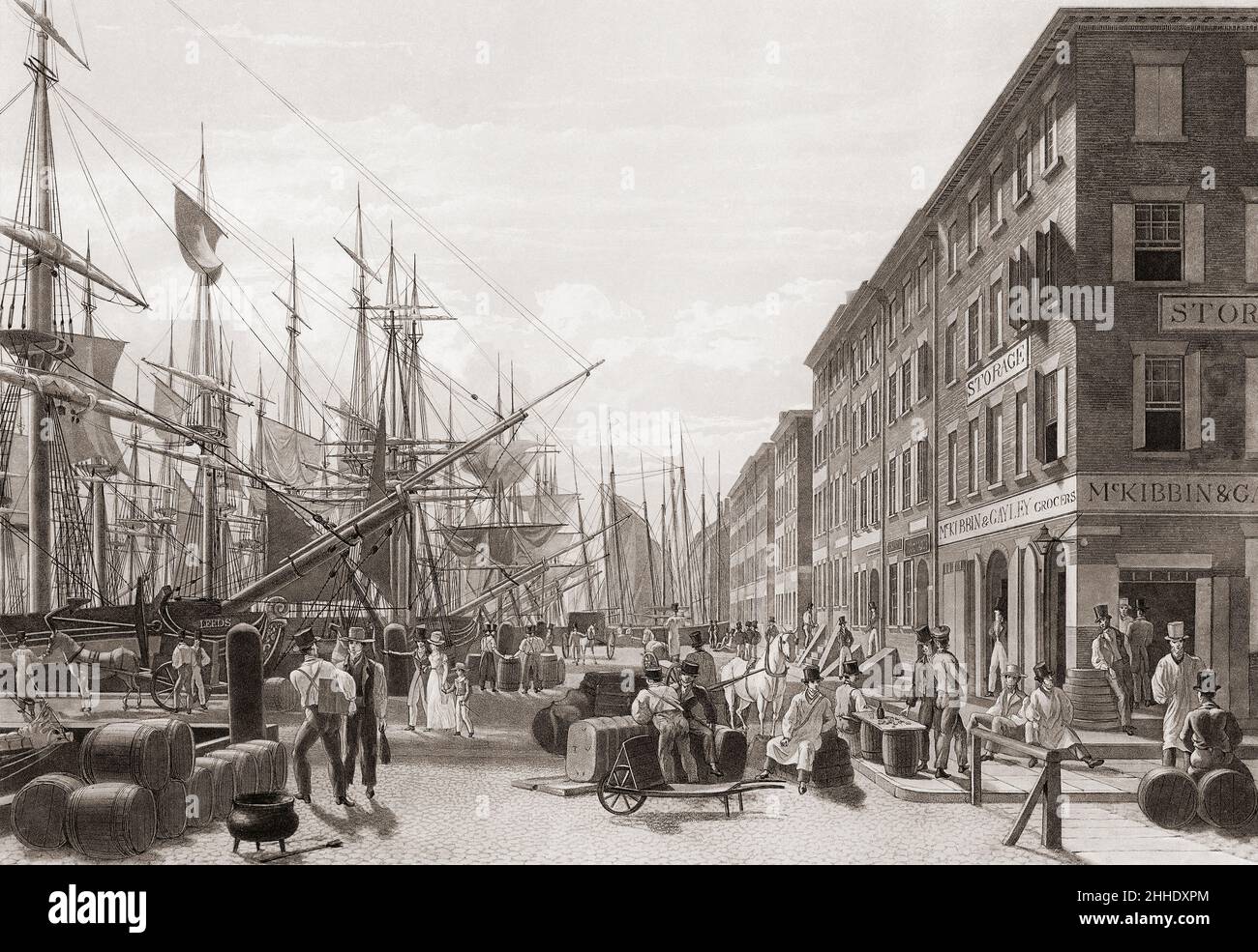 South Street visto da Maiden Lane, New York, Stati Uniti d'America. Dopo un lavoro di William James Bennett dei primi anni del 19th secolo. Foto Stock