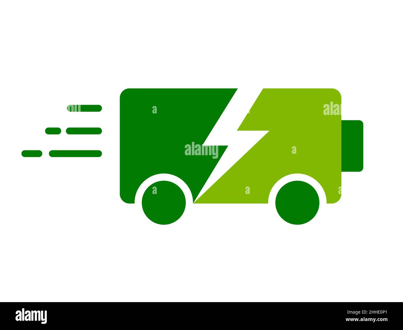 Concetto di veicolo a batteria. Batteria verde con ruote. Auto elettrica con simbolo del fulmine. Trasporto ecologico. Stazione di ricarica. Illustrazione Vettoriale