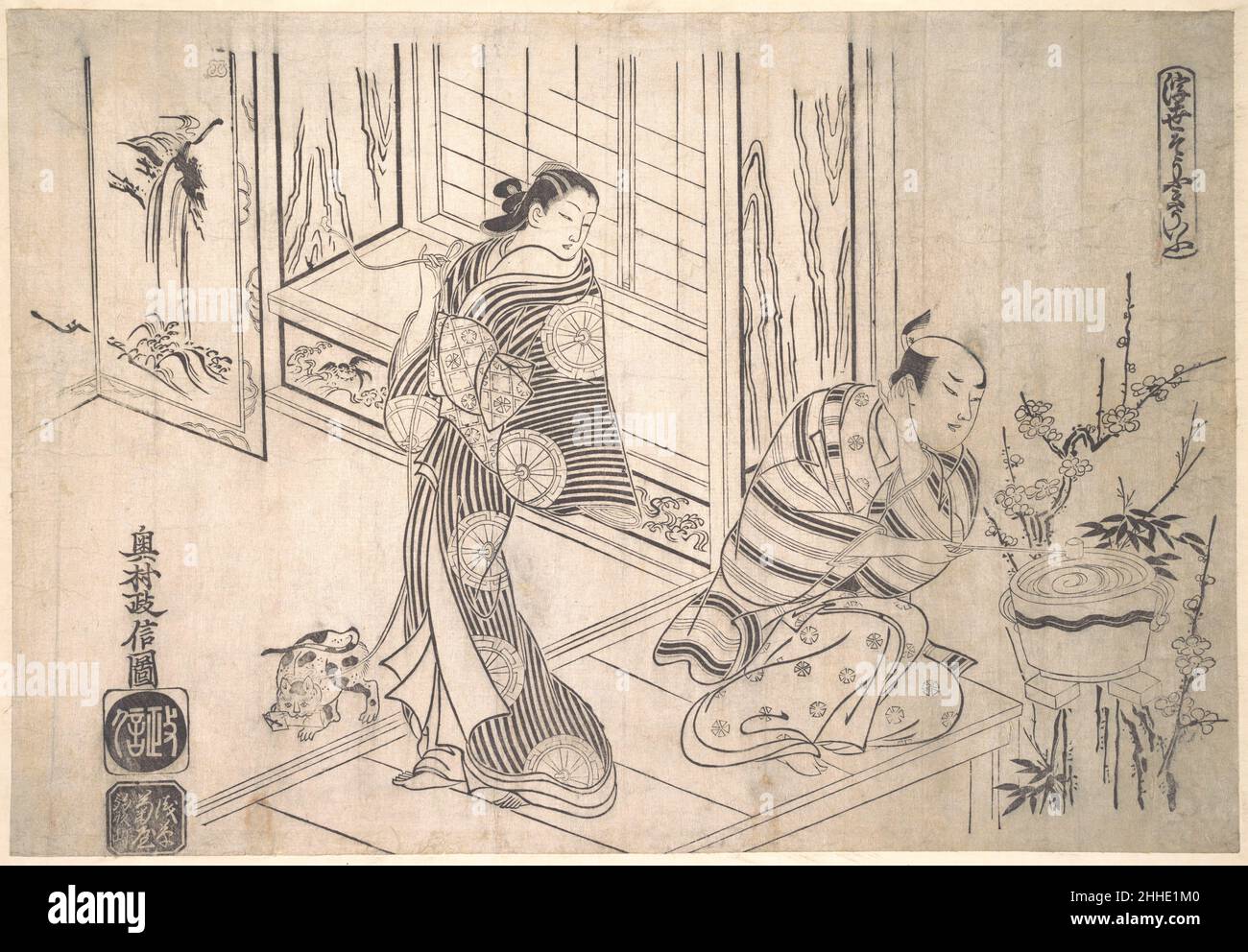 Parodia della leggenda di Xu You e Chao fu ca. 1715 Okumura Masanobu Giapponese in una versione molto divertente e complicata di questa leggenda, Xu appare come un imbarazzato, due tempi amante di Edo e Chao fu come la sua rimprovera amante. Sta lavando le orecchie in uno sforzo disperato per convincerla che non conosce assolutamente niente di una lettera dal suo rivale. La lettera scoperta dalla padrona è vista nella bocca del suo gatto. L'allusione classica è velata nella cascata dipinta che fa parte del decor interno. Parodia della leggenda di Xu You e Chao fu 56780 Foto Stock