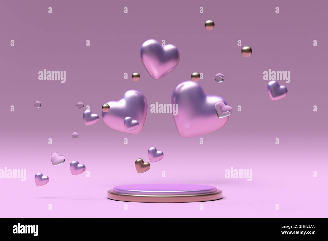 3D San Valentino podio rotondo rosa dorato, piedistallo con cuori romantici. Modello di sfondo Love per la promozione delle vendite. Scena creativa per il 14 febbraio Foto Stock