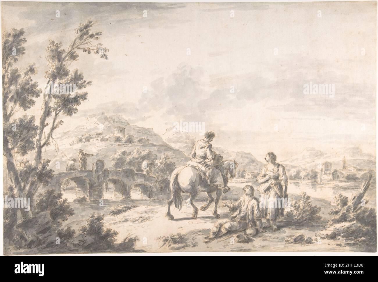 Paesaggio fluviale con due mendicanti e altre figure 1709–84 attribuite a Giuseppe Zais italiano. Paesaggio fluviale con due mendicanti e altre figure 340040 Foto Stock