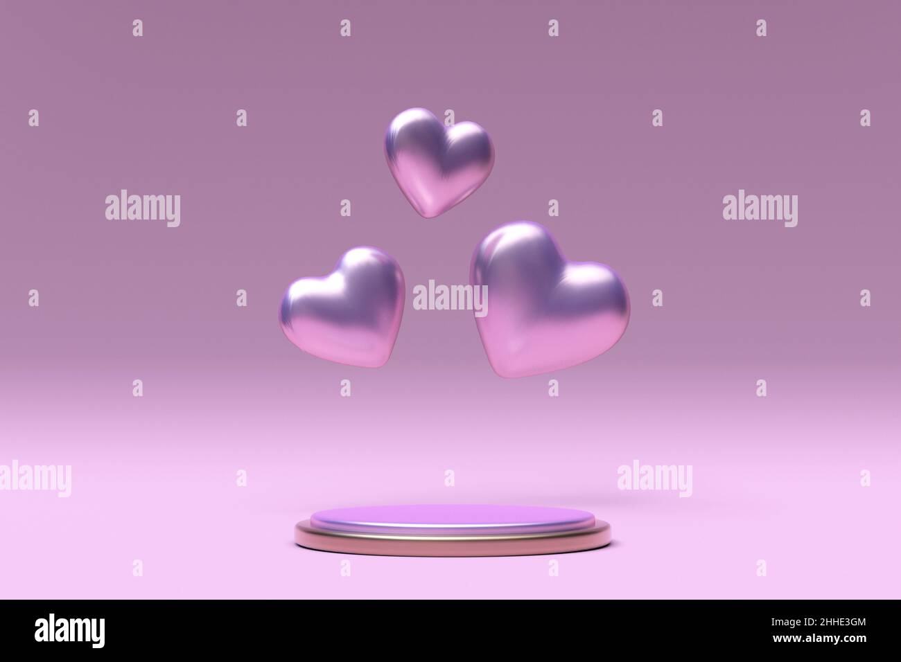 3D San Valentino podio rotondo rosa dorato, piedistallo con cuori romantici. Love modello di sfondo minimo per la promozione di vendita. Scena creativa per Foto Stock