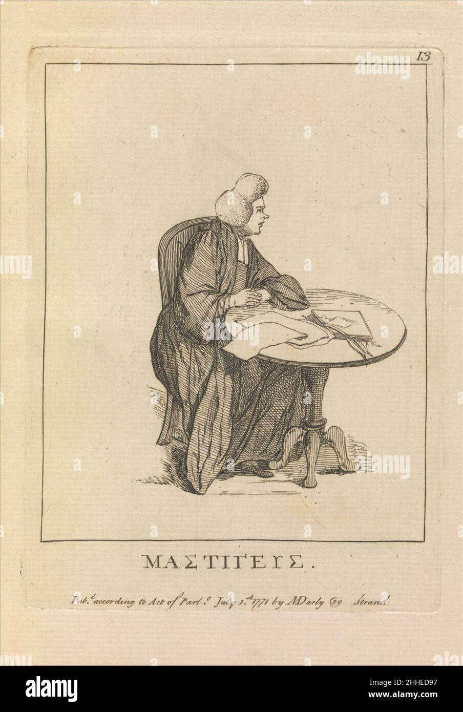 Mastigeus [in lettere greche] 1 luglio 1771 attribuito a Henry William Bunbury British questa immagine proviene da un insieme di ventiquattro caricature che Matthew e Mary Darly pubblicato nel 1771. Una squadra di marito-e-moglie, i Darlys hanno sviluppato un nuovo genere britannico della stampa--le piccole caricature incise delle figure singole contro gli sfondi normali, le loro identità indicate con vestito, posa ed alcuni puntelli. Molte di queste opere hanno scherzato i modi alla moda delle odierne danze londinesi chiamate 'Macaronis', e i prodotti del Darly sono presto diventati noti come stampe macaroni, indipendentemente dai loro soggetti. I implicito Foto Stock