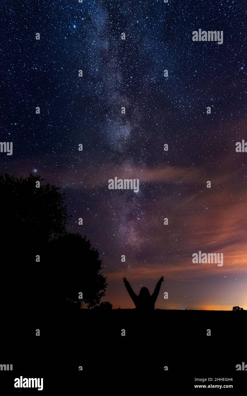 Immagine verticale delle silhouette di una persona che punta a. via lattea nel cielo notturno Foto Stock