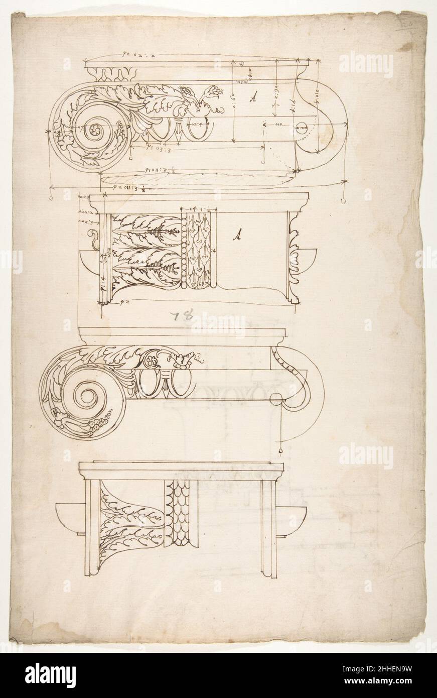 Non identificati, capitali ionici, due elevazioni frontali e laterali (recto) impost dorico, elevazione di entablature (verso) inizio a metà del 16th secolo disegnato da Anonimo, francese, 16th secolo francese. Non identificati, capitelli ionici, due elevazioni frontali e laterali (recto) imposto dorico, elevazione di entablature (verso) 362596 Foto Stock