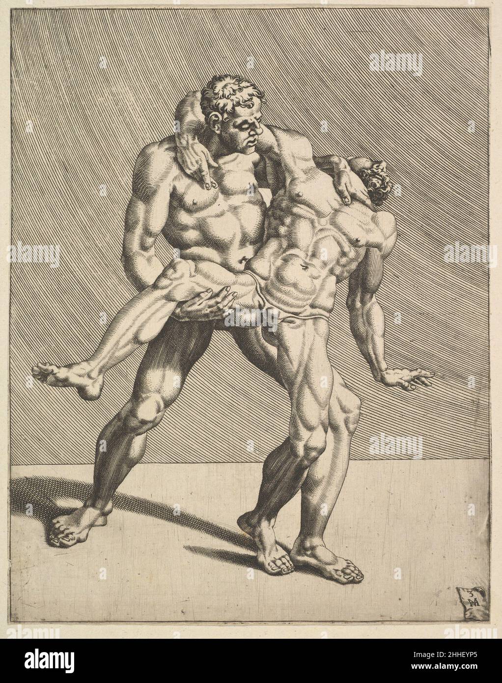 Lottatori, da Wrestlers, piastra 3 1552 Dirck Volckertsz Coornhert Netherlandish. Wrestlers, da Wrestlers, piastra 3 405624 Foto Stock