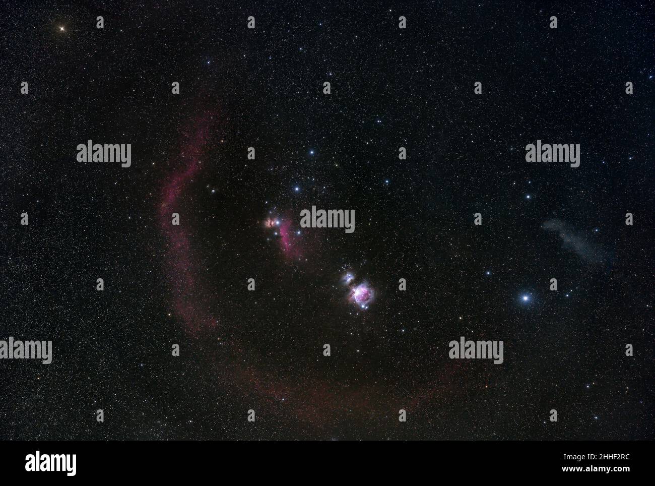 Orion, Running Man, Flame, Horsehead, nebulose della testa della strega, Barnard loop, Betelgeuse e Rigel Foto Stock
