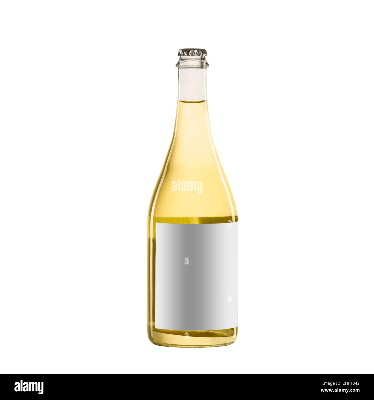 bottiglia di vino giallo bianco con etichetta bianca isolata su sfondo bianco. Foto Stock