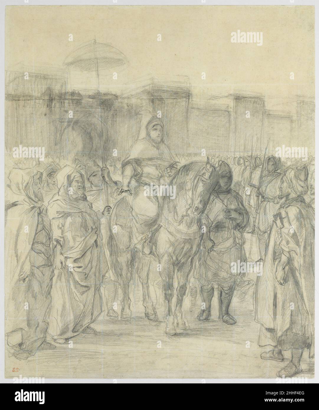 Studio per 'il Sultano del Marocco e la sua Entourage' 1845 Eugène Delacroix Francese questo disegno mostra la composizione finale per il più grande dipinto Delacroix fatto sulla base della sua esperienza in Nord Africa, la sua sottomissione al Salone del 1845. La guerra franco-marocchina del 1844 deve aver riacceso il suo interesse per il sultano come soggetto. A quel tempo, però, la missione ambasciatrice era considerata un fallimento, e Delacroix escludeva la delegazione francese dal gruppo. L'omissione sposta il lavoro da un record di cerimonia diplomatica ad un ritratto imponente di un regnante. Studio per il sultano del Marocco Foto Stock Studio per 'il Sultano del Marocco e la sua Entourage' 1845 Eugène Delacroix Francese questo disegno mostra la composizione finale per il più grande dipinto Delacroix fatto sulla base della sua esperienza in Nord Africa, la sua sottomissione al Salone del 1845. La guerra franco-marocchina del 1844 deve aver riacceso il suo interesse per il sultano come soggetto. A quel tempo, però, la missione ambasciatrice era considerata un fallimento, e Delacroix escludeva la delegazione francese dal gruppo. L'omissione sposta il lavoro da un record di cerimonia diplomatica ad un ritratto imponente di un regnante. Studio per il sultano del Marocco Foto Stock