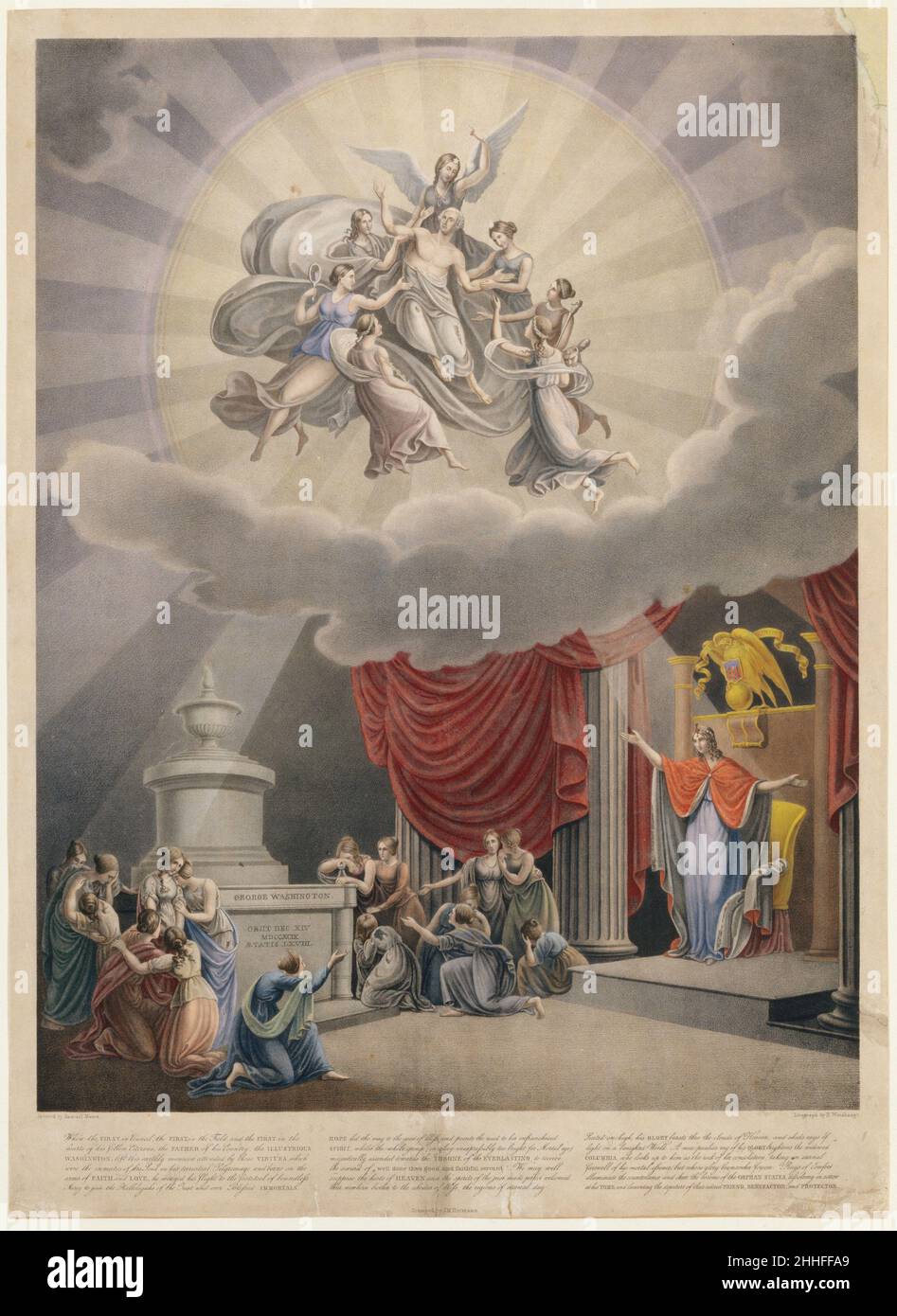 Apoteosi di George Washington 1830–50 Heinrich Weishaupt American l'iscrizione sotto l'immagine descrive esattamente l'iconografia della scena: Washington è portata al cielo dalla fede e dall'Amore, mentre la speranza conduce 'alla sede della beatitudine'. Il raggio di luce più luminoso che emana da Washington brilla sulla Columbia e "i raggi di conforto illuminano il volto e rallegrano i boss degli stati orfani, sciogliendo nel dolore alla sua Tomba". Apoteosi di George Washington 365736 Foto Stock