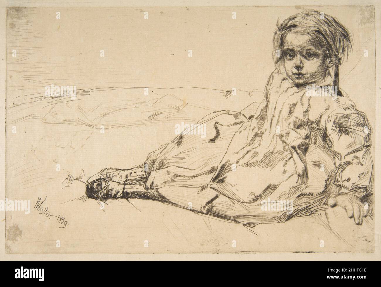 Bibi Valentin 1859 James McNeill Whistler American questa immagine di una giovane ragazza seduta su un letto, indossando un abito lungo e stivali alti con bottoni, proviene da una serie di ritratti che Whistler ha fatto nel 1859. Il soggetto, il cui nome di animale domestico era Bibi, era una figlia della famiglia Valentin. Sua madre scrisse in seguito all'artista per ricordargli che vivevano in Rue des Sts. Pères a Parigi quando l'incisione è stato fatto. La collezione del Met comprende altre due impressioni (83.1.19 e 17.21.69). Bibi Valentin 372514 Foto Stock