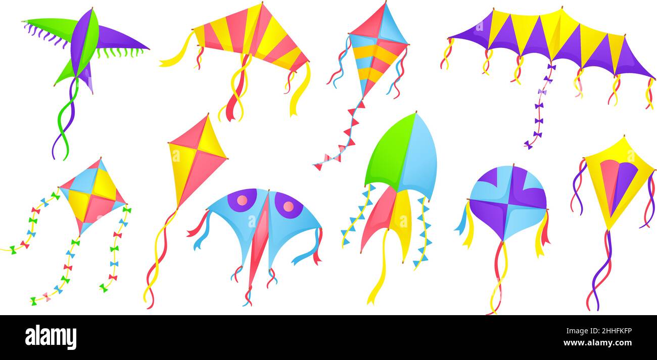 Aquilone isolato. Acari colorati Cartoon, giocattoli estivi per bambini per giochi all'aperto. Happy Wind festival elementi, aria volare oggetti semplici, ordinato vettore set Illustrazione Vettoriale