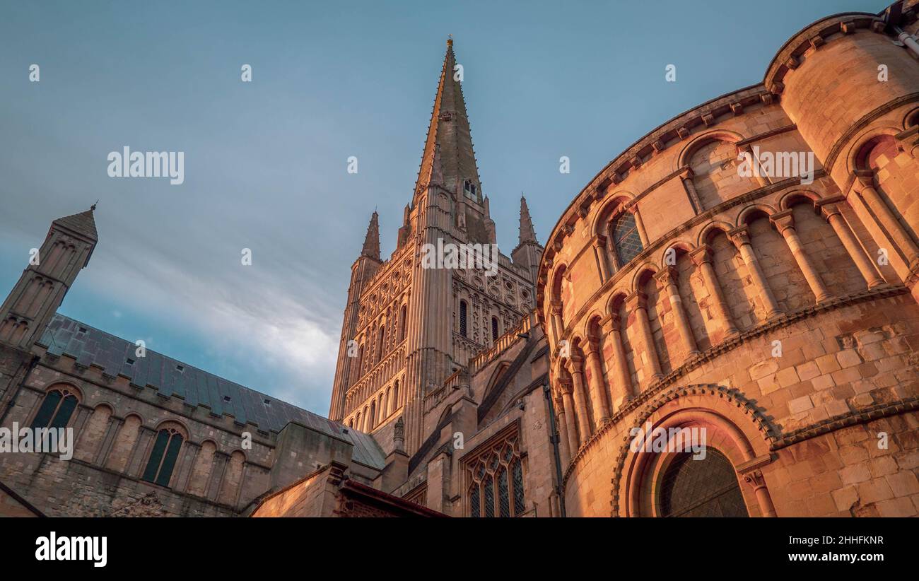 Cattedrale di Norwich nel sole della sera d'oro Foto Stock