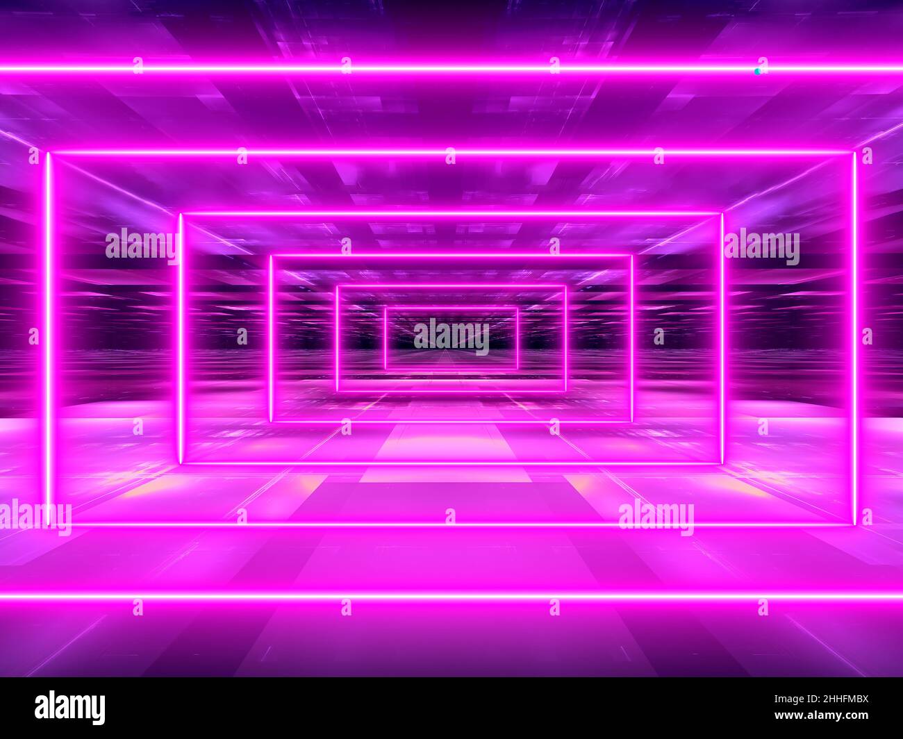 Tunnel o portale realizzato con linee di neon luminose - illustrazione astratta del 3D Foto Stock