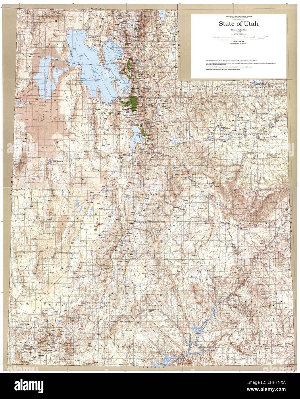 Mappa di rilievo ombreggiata dello stato dello Utah Foto Stock