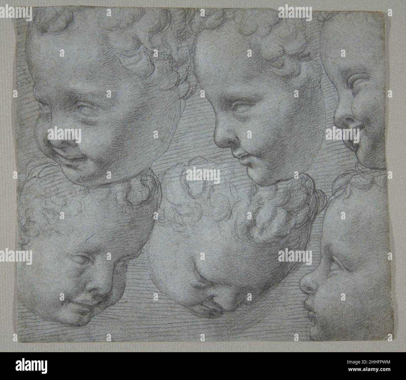Studi del Capo di un Bambino (dopo un modello tridimensionale) 1572–74 Poppi (Francesco Morandini) Italiano durante il Rinascimento italiano, disegnare sculture è stato un passo fondamentale nella formazione di un giovane disegnatore. Su questo foglio l'artista noto come Poppi (dalla sua casa natale in Toscana) ha disegnato un gruppo di sei studi di teste dopo un modello tridimensionale, una scultura o rilievo marmoreo di un putto o di un cherubino. L'artista ha cambiato il suo punto di vista di posizione per ogni studio, riempiendo la pagina con lo stesso motivo da varie angolazioni per ottenere una comprensione completa della sua forma e del suo volu Foto Stock