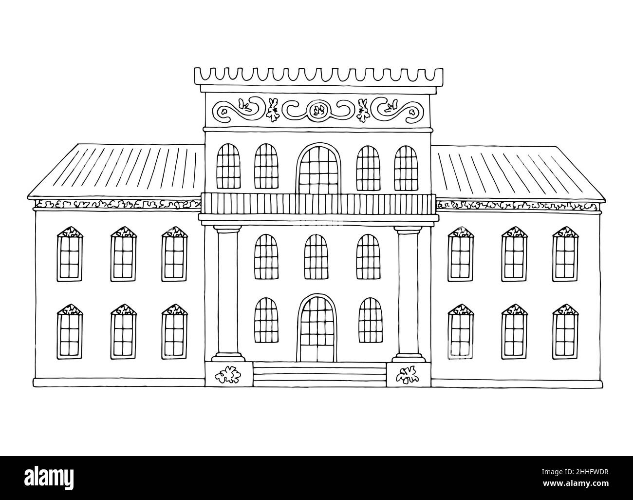 Palace castello grafico bianco nero isolato disegno vettore illustrazione Illustrazione Vettoriale