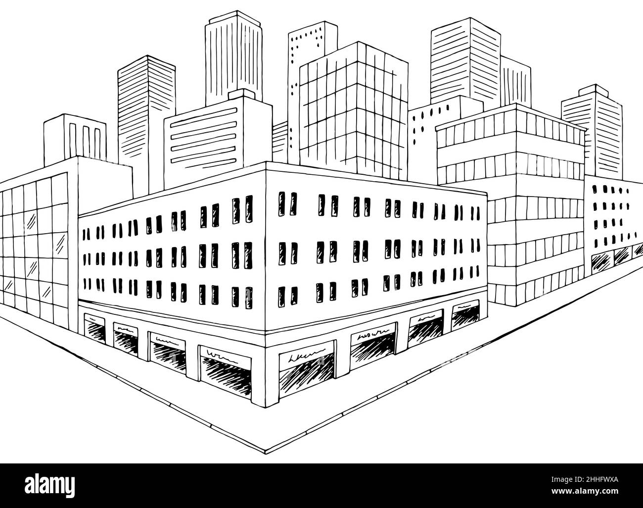 Città strada grafica nero bianco disegno città disegno vettore illustrazione Illustrazione Vettoriale