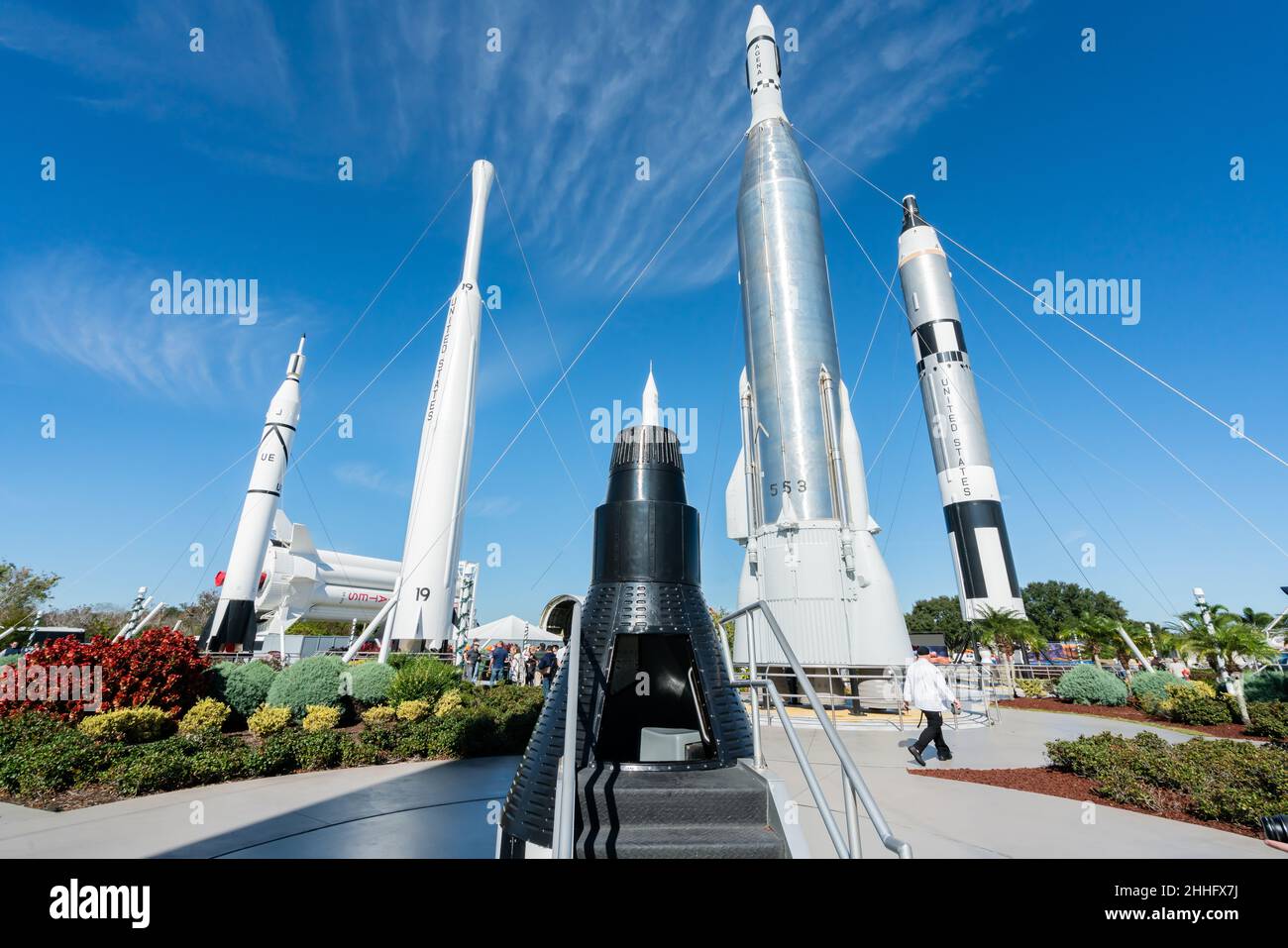 Cape Canaveral, Florida, Stati Uniti d'America - DICEMBRE, 2018: Bella vista dei Rockets al Kennedy Space Center Visitor Complex a Cape Canaveral, Foto Stock