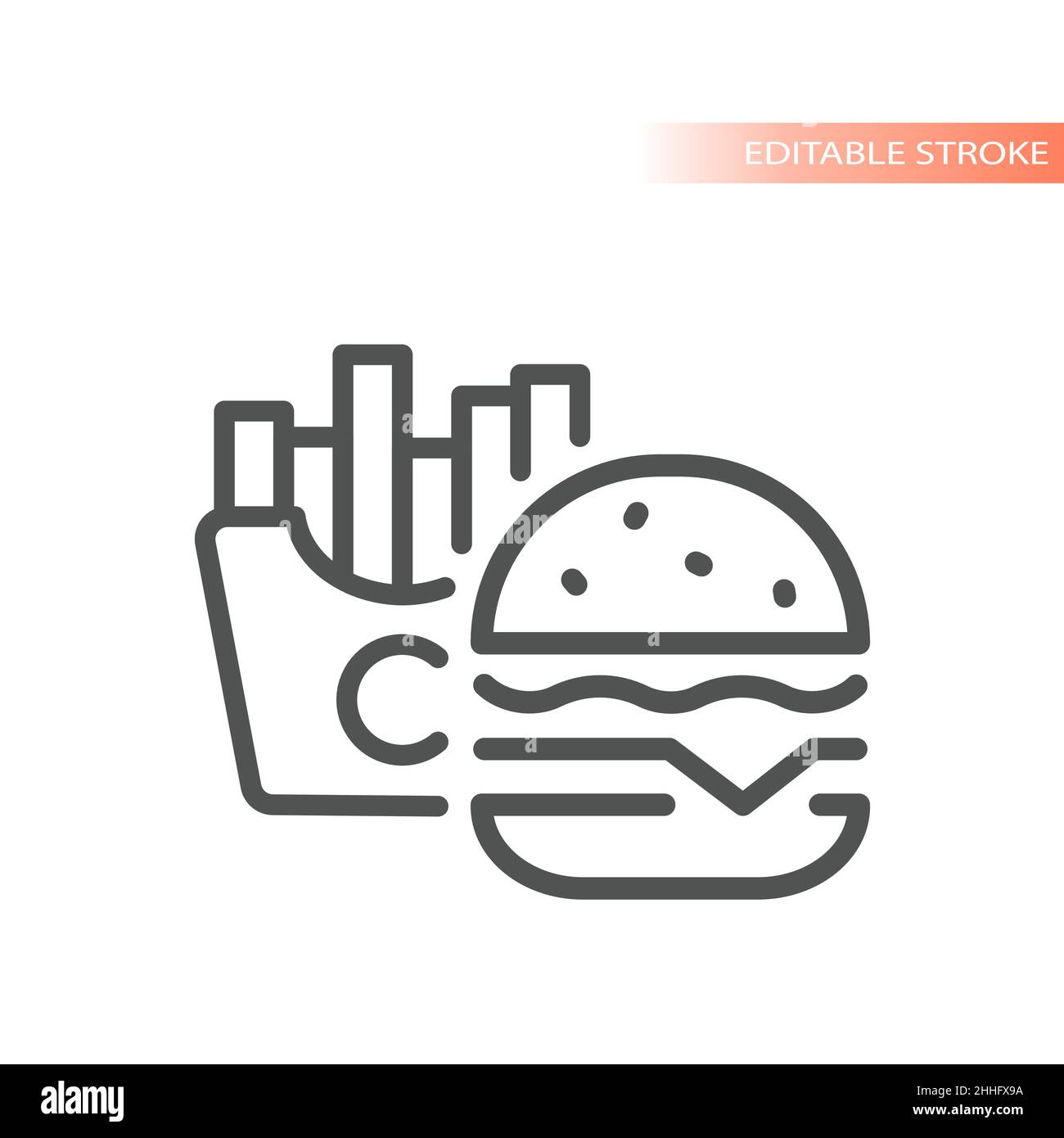 Patatine fritte o patatine fritte e hamburger line icona. Fast food con il simbolo. Illustrazione Vettoriale