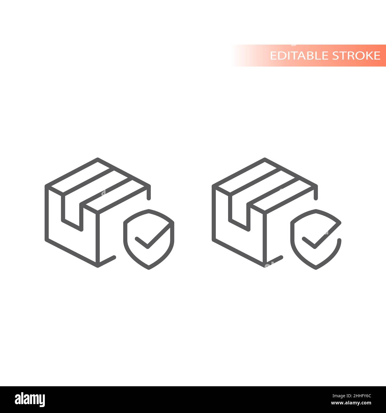 Scatola di consegna con protezione e segno di spunta. Icona vettoriale con contorno di colli o pacchetti sicuri e sicuri. Illustrazione Vettoriale