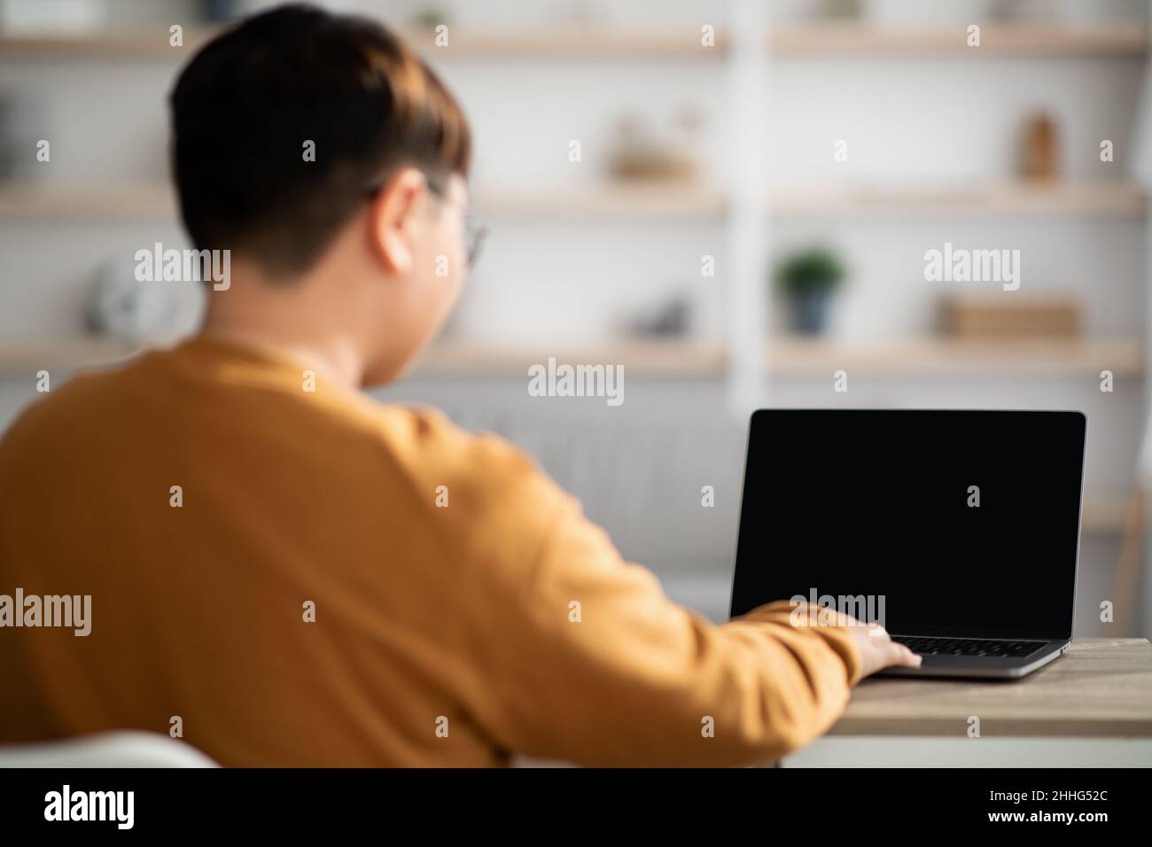 Vista posteriore di un adolescente che utilizza un notebook con schermo vuoto Foto Stock