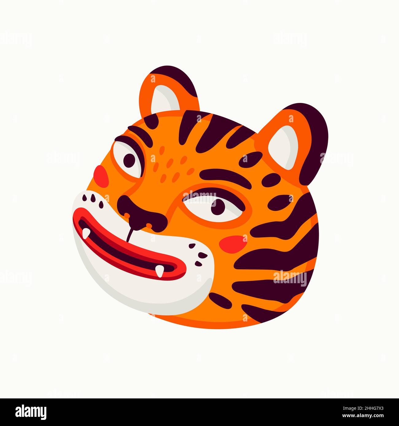 Testa vettoriale della tigre, faccia divertente della tigre cartoon su sfondo bianco. Illustrazione Vettoriale
