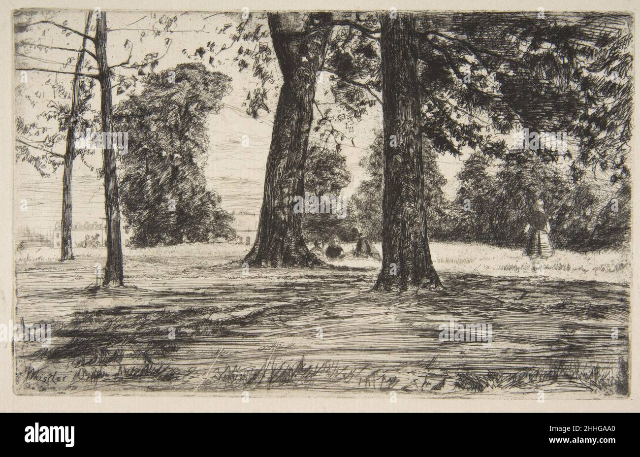 Greenwich Park 1859 James McNeill Whistler American Whistler ha viaggiato lungo il Tamigi per trovare l'oggetto di un prato ombreggiato a Greenwich, visitando il parco con il suo cognato di etcher Seymour Haden. Entrambi crearono stampe che mostrarono un pensionato navale del vicino Ospedale reale per i marinai che si rilassarono sull'erba (Whister's intitolato 'Greenwich pensionato' (17,3.27) e 'Sub Tegmine' di Haden (sotto la tettoia; 17,3.276). Il Met ha altre due impressioni di 'Greenwich Park' (17,3.28, 17.21.71). Greenwich Park 372654 Foto Stock