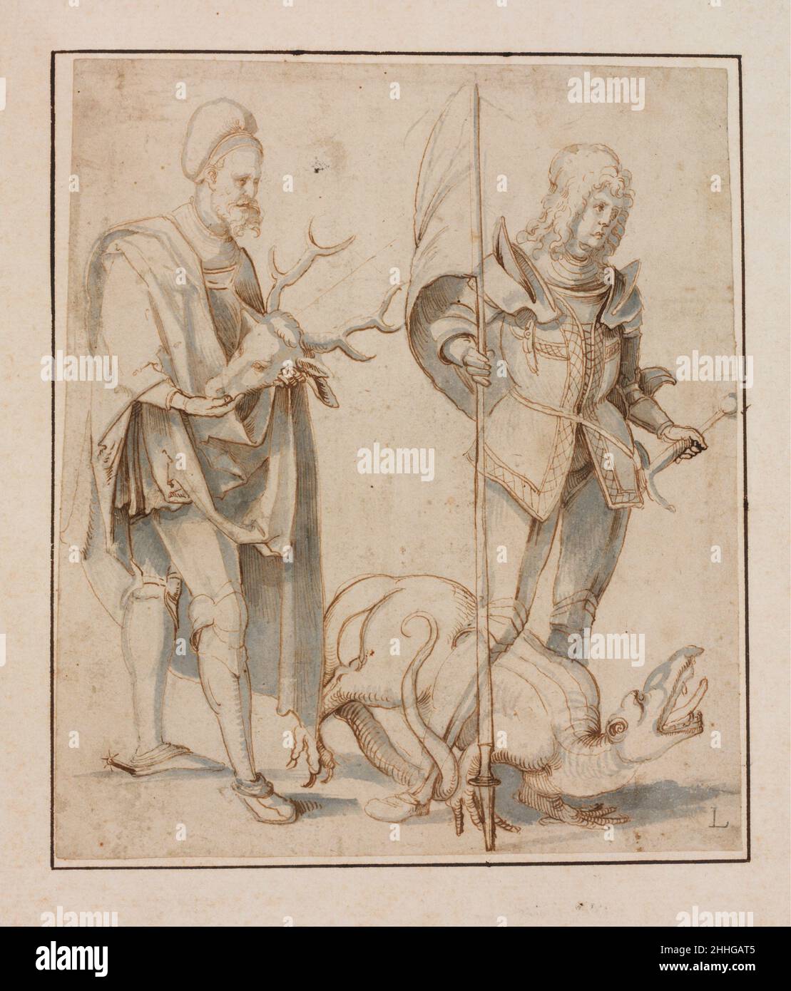 Sant'Eustace e San Giorgio ca. 1511 Hans Süss von Kulmbach tedesco. Sant'Eustace e San Giorgio. Hans Süss von Kulmbach (tedesco, Kulmbach ca. 1480–1522 Norimberga). CA. 1511. Penna e inchiostro marrone, spazzola e lavaggio grigio. Disegni Foto Stock