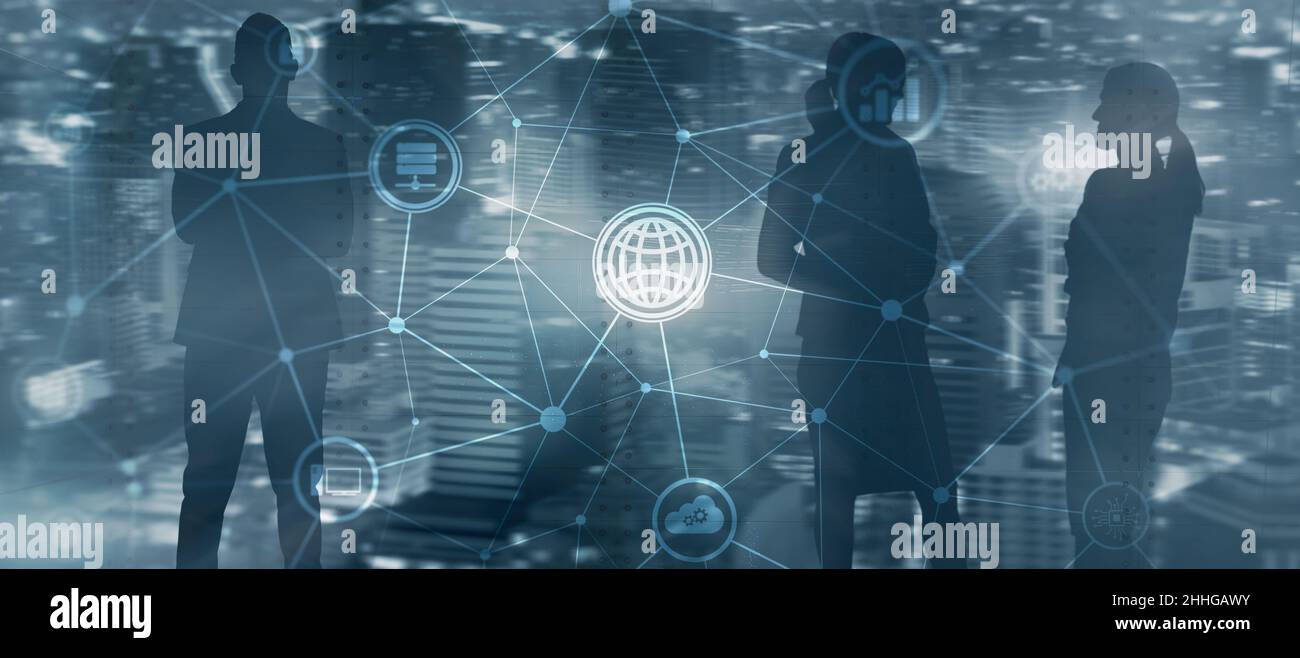 Progetto di comunicazione. Grafica sullo sfondo dei lavoratori in ufficio. Foto Stock