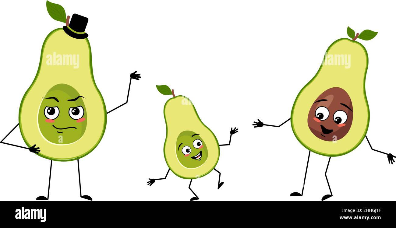 Famiglia di personaggi avocado con emozioni felici, viso sorriso, occhi felici, braccia e gambe. Mamma è felice, papà indossa un cappello e il bambino balla. Illustrazione piatta vettoriale Illustrazione Vettoriale
