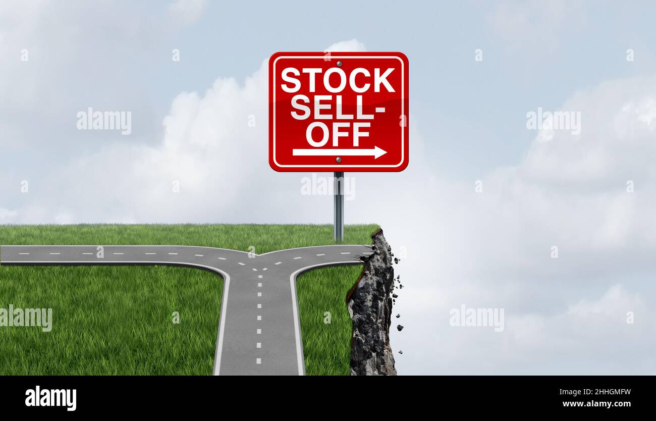 Stock sell-off o selloff come un concetto finanziario e crash del mercato o crisi economica di vendere azioni che rappresentano la disperazione e il debito paura o panico. Foto Stock