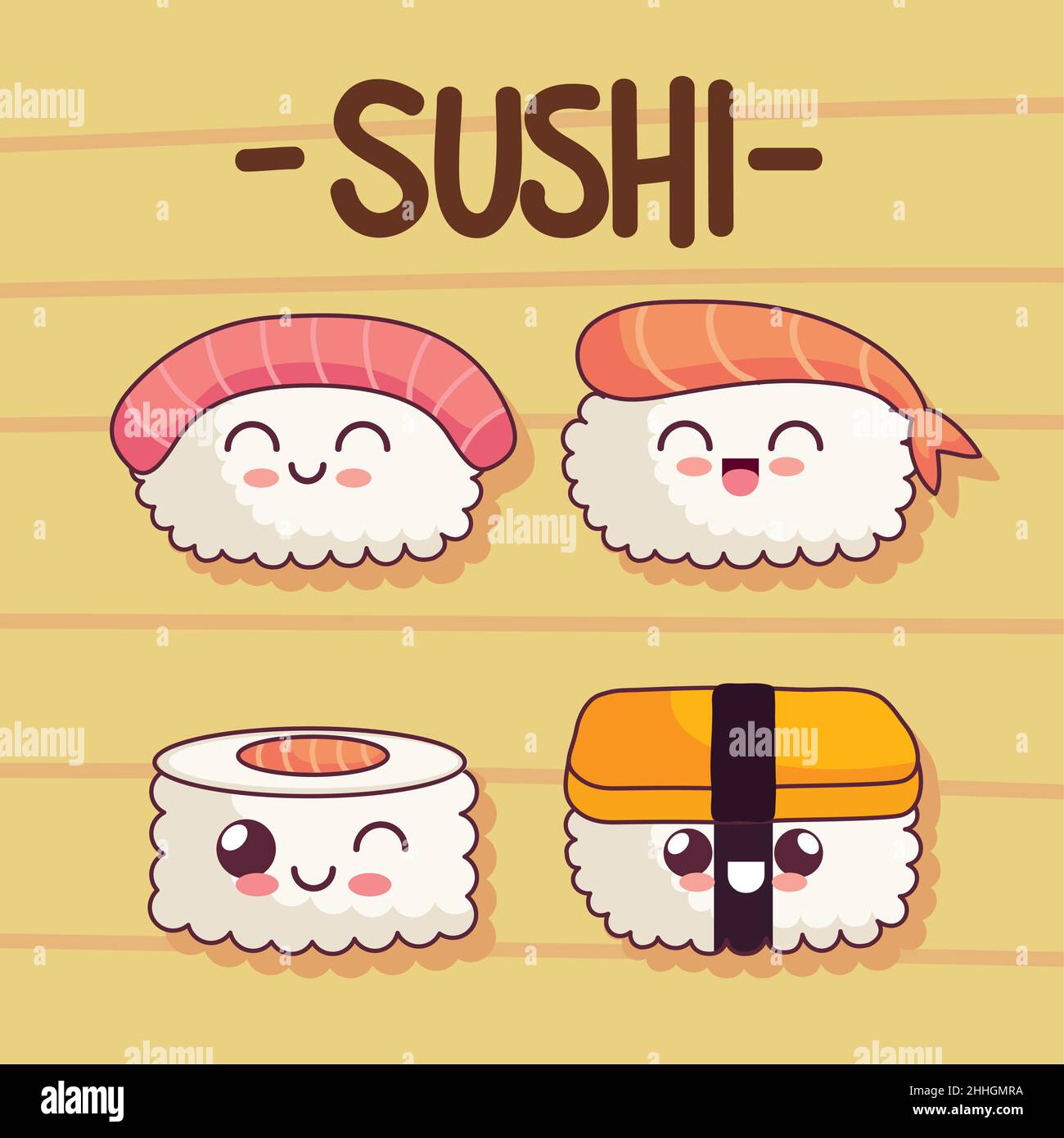 quattro simpatiche icone di sushi kawaii Illustrazione Vettoriale