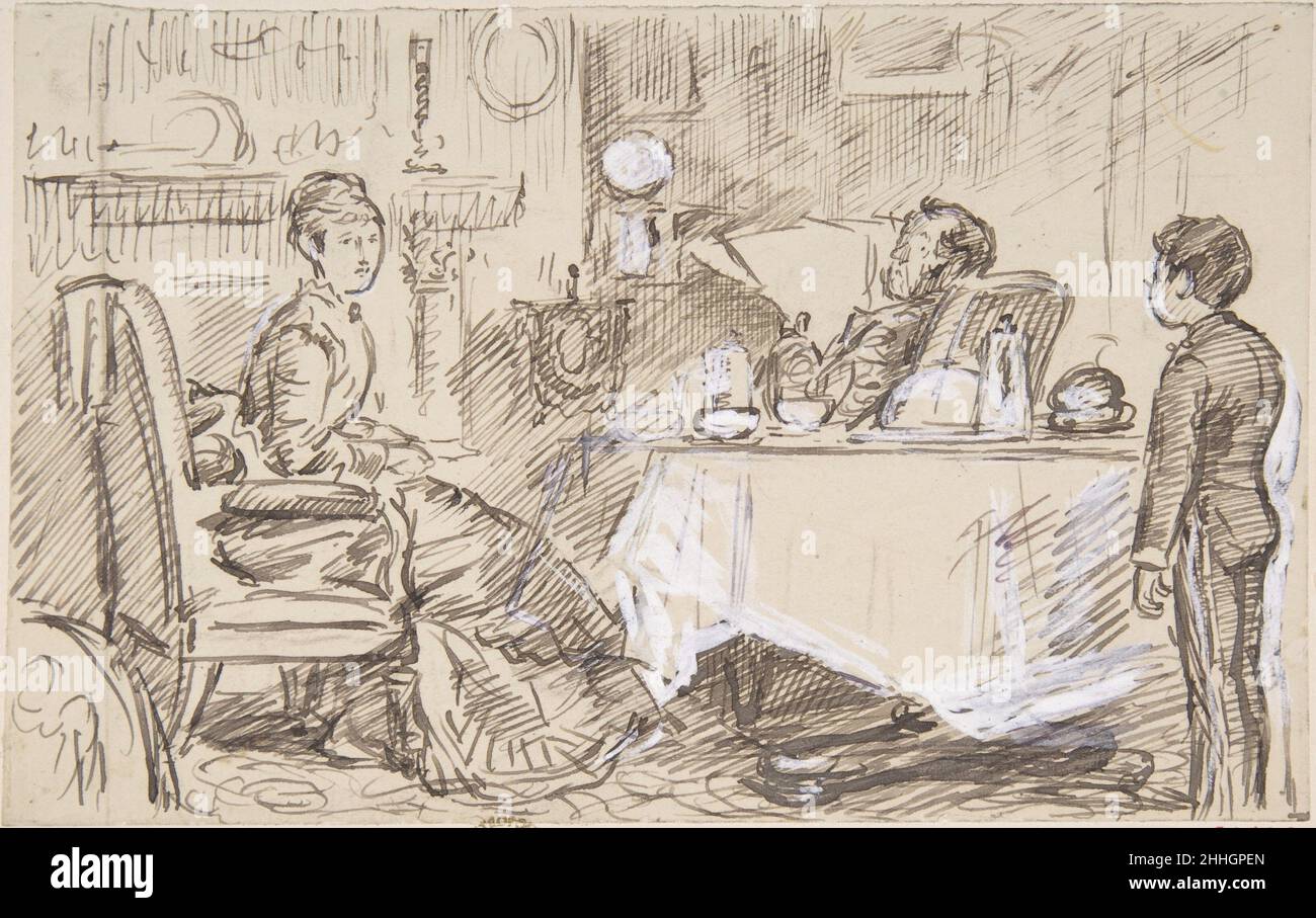 'So considerate' 1870–1891 Charles Samuel Keene British la didascalia qui sotto questo disegno, inteso ad accompagnare una relativa incisione del legno in un periodico popolare, mette in luce l'immagine, che pokes divertimento alla dinamica di potere fra i servitori domestici ed i loro datori di lavoro:Page: 'Per favore 'M, Cook mi ha voluto dire quando Master sarà fatto con i tempi, come lei è awaitin' per esso!'Keene è stato un illustratore britannico leader che ha lavorato per Punch tra il 1864 e il 1890. Le sue immagini si concentravano generalmente su situazioni umoristiche in ambienti umili, a differenza del suo contemporaneo George Du Maurier che tendeva a satirizzare Foto Stock