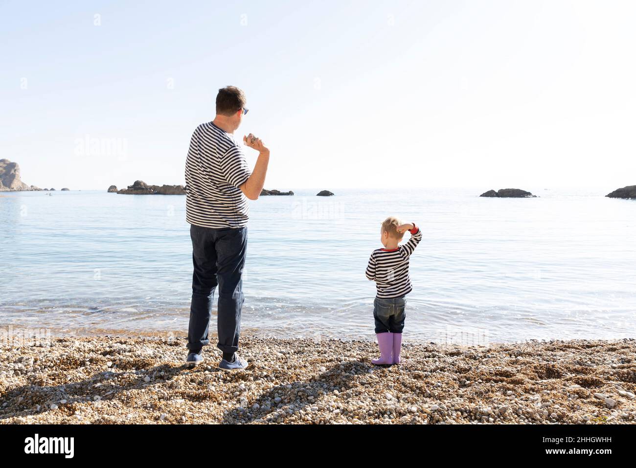 Vista posteriore di padre e figlio saltando pietre sul lago Foto Stock