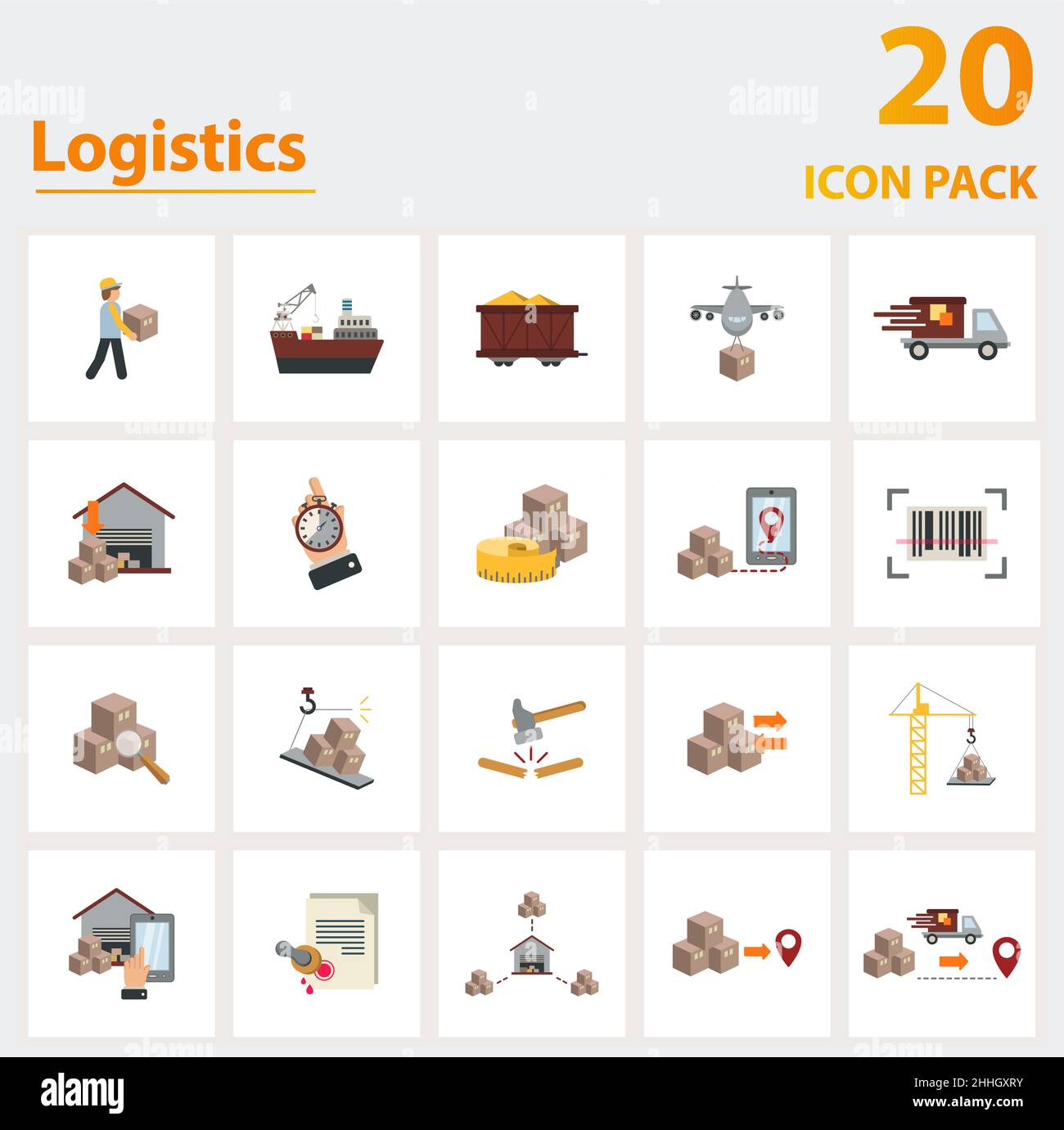 Set di icone logistiche. Raccolta di elementi semplici quali il personale addetto alla consegna, la chiatta del carico, il treno merci, le dimensioni, il tracciamento del carico, ispezione dei pacchi Illustrazione Vettoriale