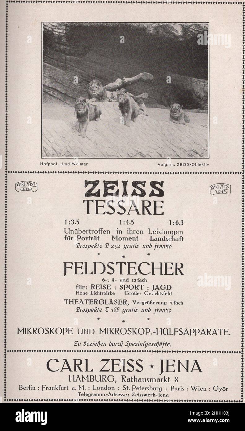 Immagini storiche antiche / vintage / immagini di piena prospettiva / catalogo del mercante tedesco di animali , fondatore dello zoo e direttore dello zoo Carl Hagenbeck (uomo d'affari) da Amburgo 1911. : Annunci d'epoca : Zeiss Tessere / Feldstecher / Carl Zeiss * Jena / Hamburg Rathausmarkt 8 DIRITTI-AGGIUNTIVI-CLEARANCE-INFO-NON-DISPONIBILE Foto Stock