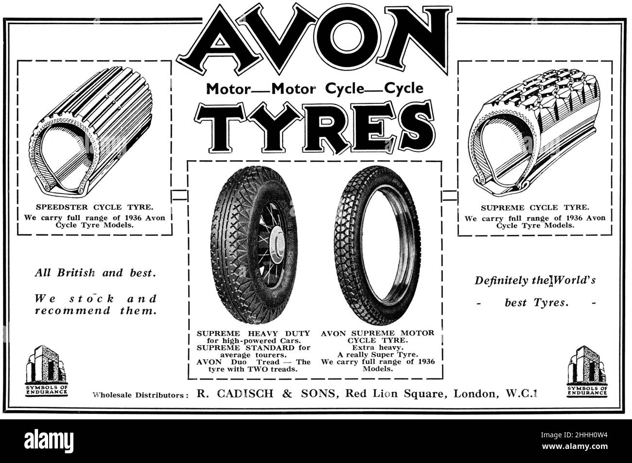 Annuncio vintage per pneumatici Avon da un catalogo vintage all'ingrosso per il commercio di motori di R Cadisch & Sons, 1936 Foto Stock
