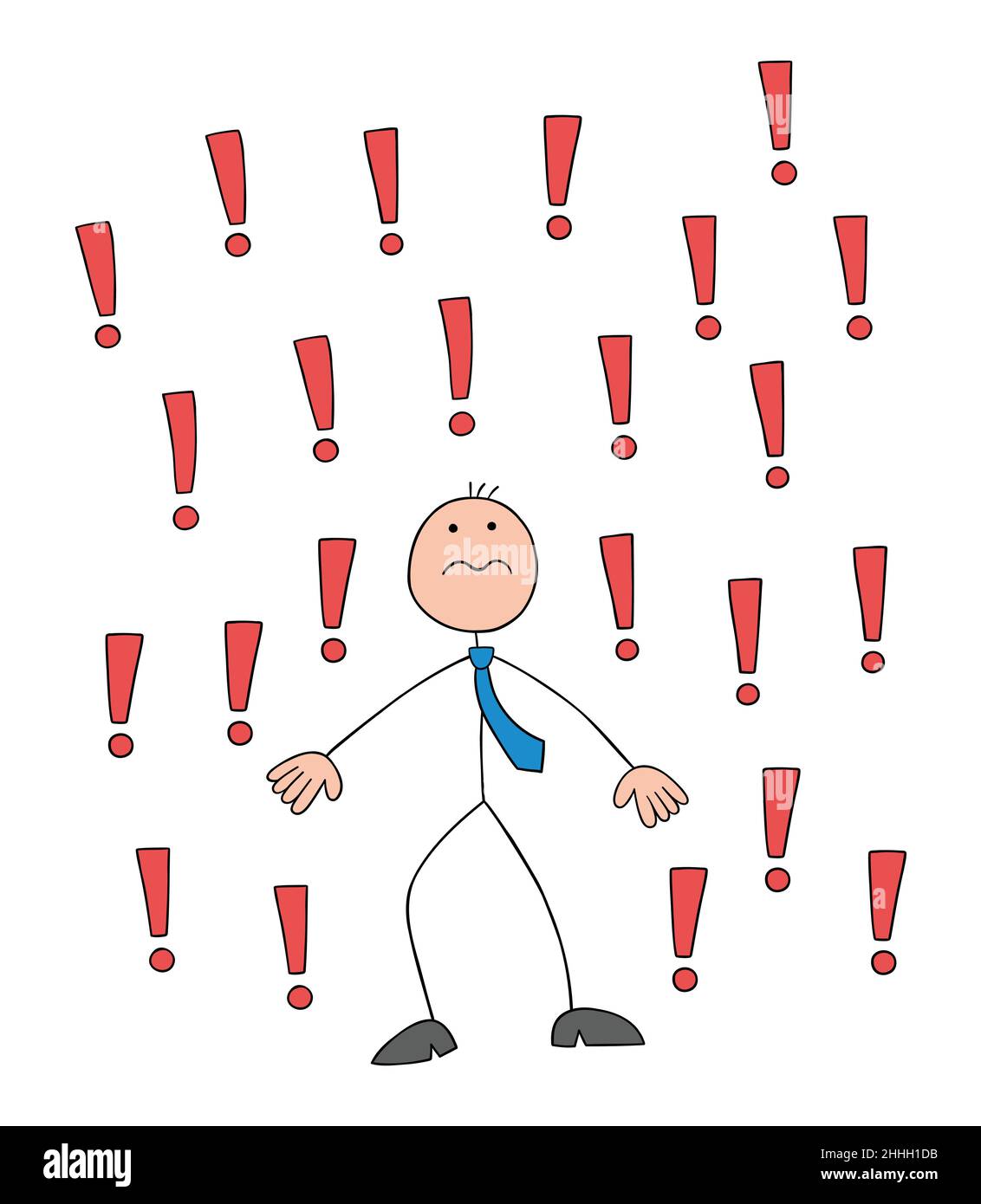 Stickman businessman ha molti punti esclamativi, pericoli ed è molto stressato. Illustrazione vettoriale di cartoni animati disegnata a mano. Illustrazione Vettoriale