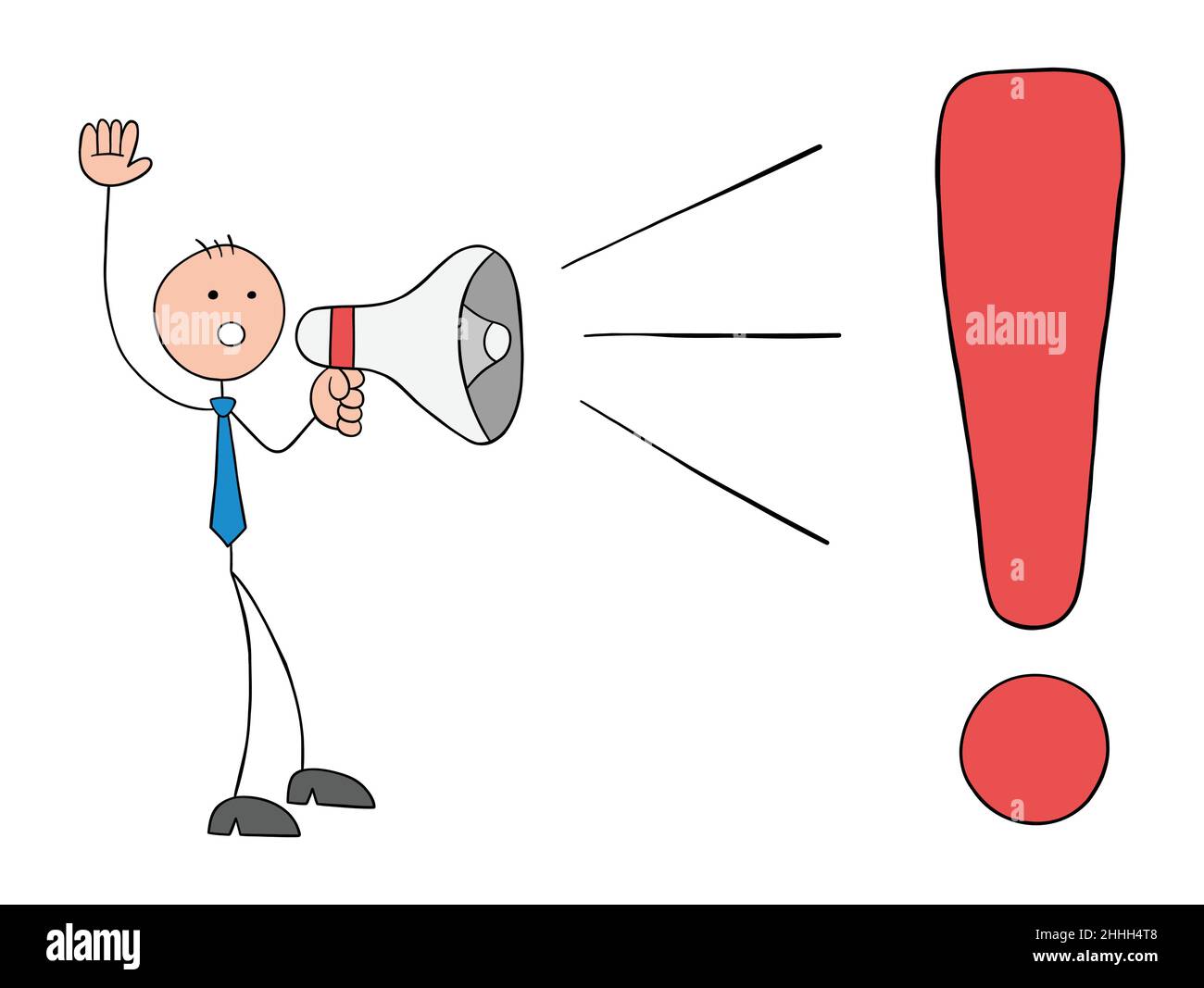 L'uomo d'affari Stickman gridava nel megafono contro il grande punto esclamativo pericolo. Illustrazione vettoriale di cartoni animati disegnata a mano. Illustrazione Vettoriale