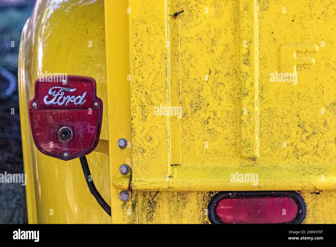 Portellone e luci di arresto del veicolo Ford giallo brillante con Simbolo Ford sulla luce di stop Foto Stock