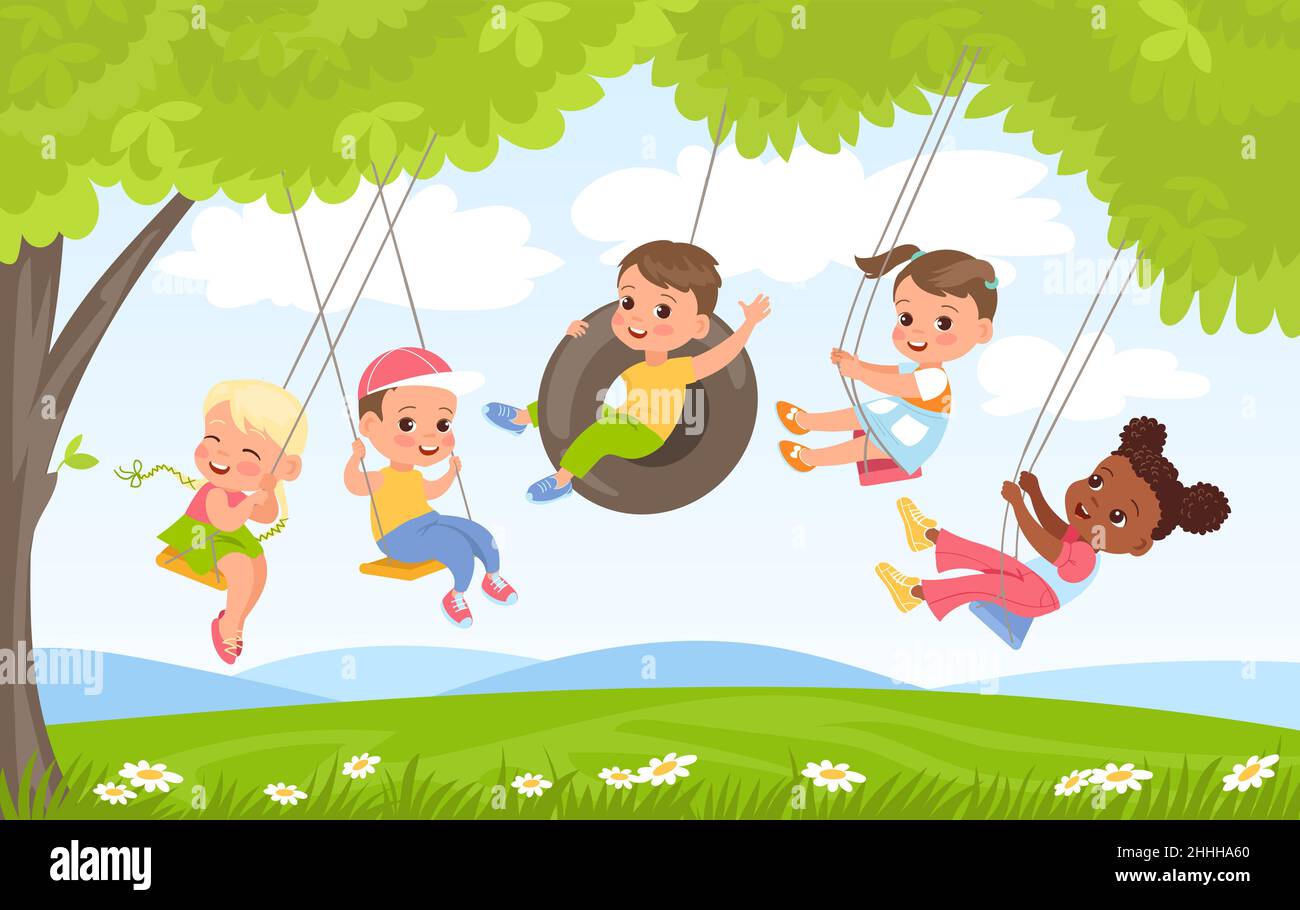 Altalene per bambini. I bambini giocano sulla natura. Gruppo di amici che oscillano sotto alberi fogliame. Volando su pneumatico ruota. Ragazze e ragazzi Buon divertimento. All'aperto Illustrazione Vettoriale