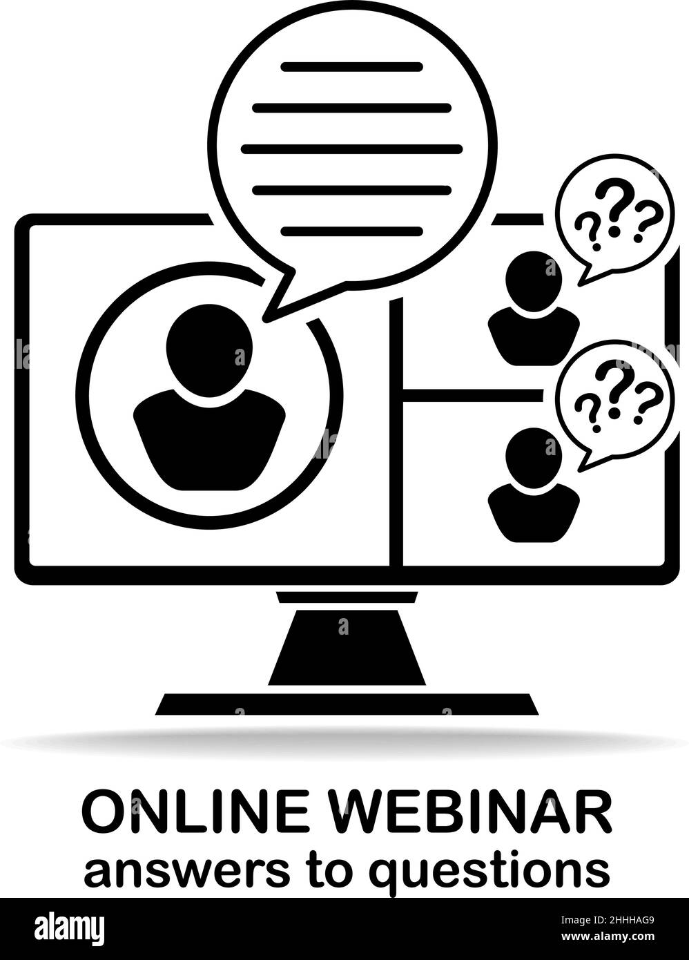 Icona videoconferenza. Webinar online, risposte alle domande. Comunicazione, studio e lavoro da casa online. Vettore su sfondo trasparente Illustrazione Vettoriale