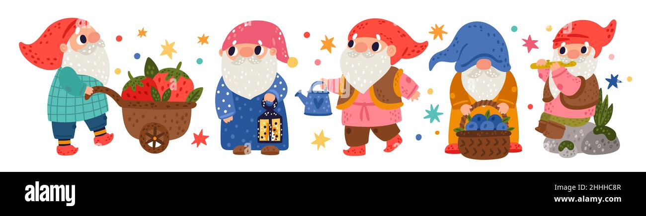 Simpatico giardino gnomes. Cartoon nana personaggi. Uomini bearded impegnati in giardinaggio. Creature favolose in berretti colorati. Vecchio leprechaun. Set vettoriale di Illustrazione Vettoriale