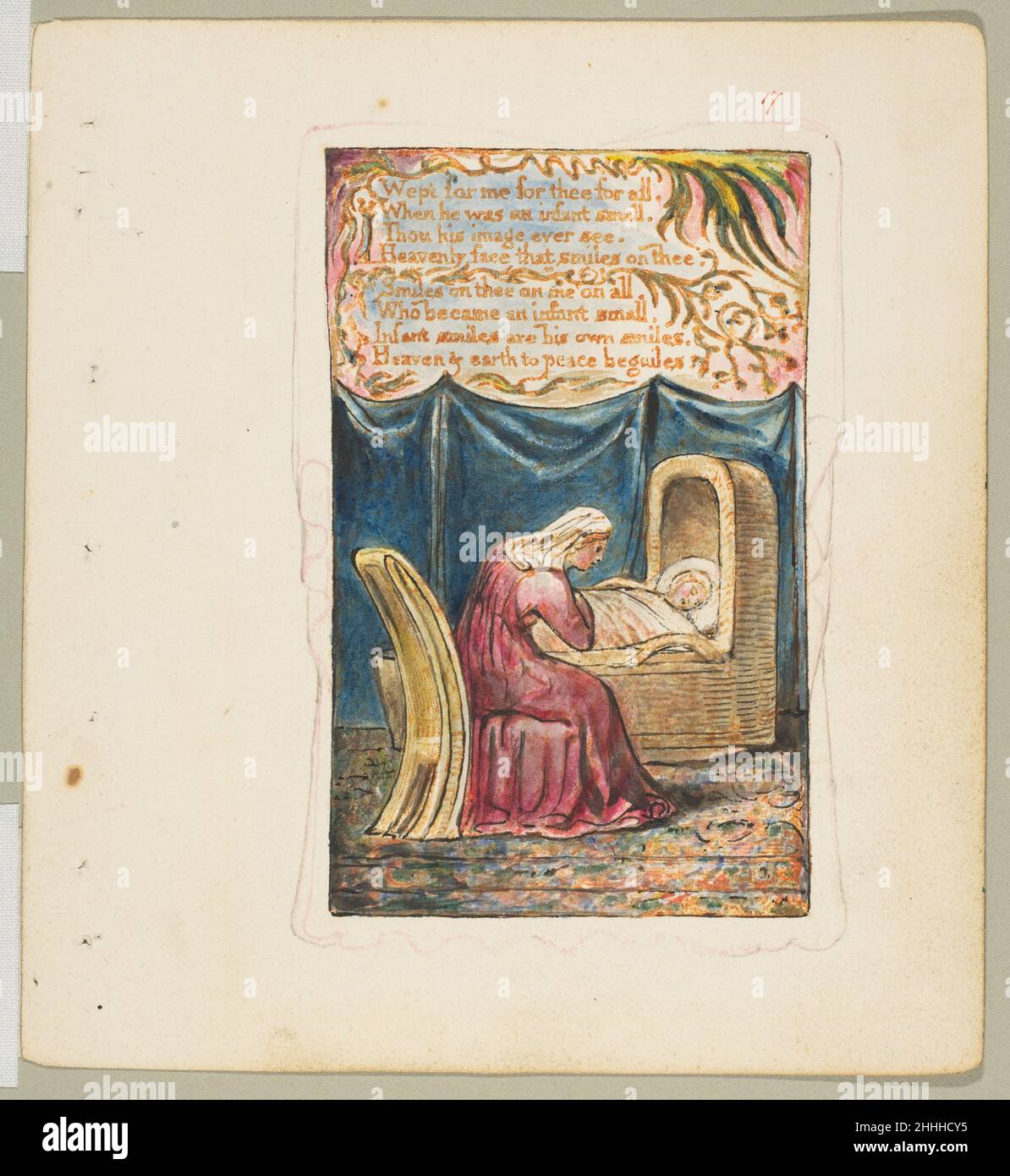 Canti d'innocenza e d'esperienza: Cradle Song (secondo piatto): Pianse per me per te per tutti ca. 1825 William Blake inglese. Canti d'innocenza e d'esperienza: Cradle Song (secondo piatto): Pianse per me per te per tutti. William Blake (British, Londra 1757–1827 Londra). CA. 1825. Incisione in rilievo stampata con inchiostro arancione-marrone e colorata a mano con acquerello e oro. Stampa Foto Stock