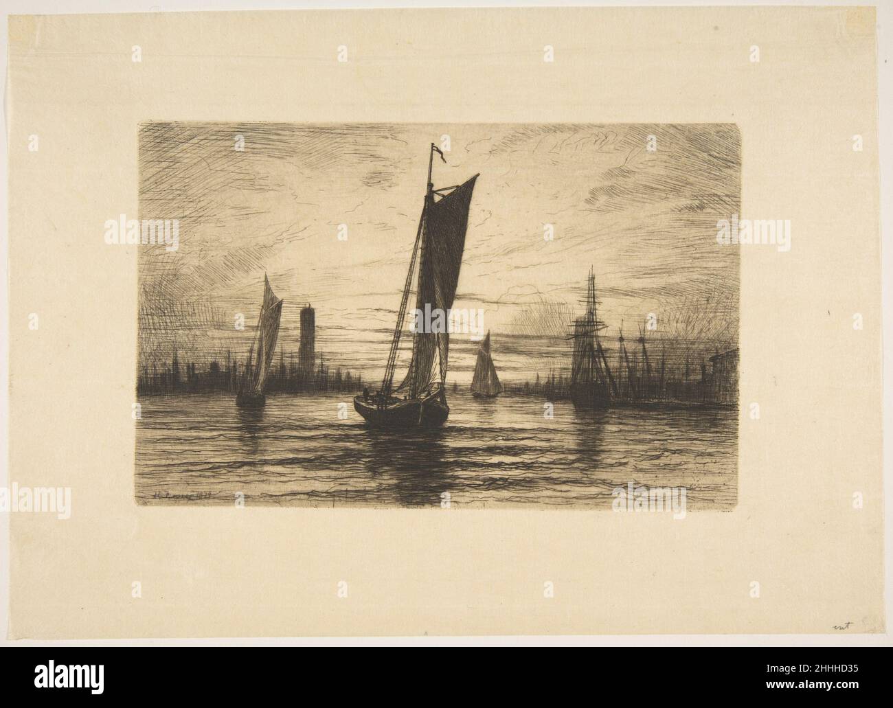 Tramonto sull'East River 1879 Henry Farrer American. Sunset on the East River 380997 Artist: Henry Farrer, American, London 1844?1903 New York, Sunset on the East River, 1879, Eching, Plate: 4 15/16 x 7 11/16 in. (12,5 x 19,5 cm) foglio: 8 x 11 1/16 pollici (20,3 x 28,1 cm). Il Metropolitan Museum of Art, New York. The Edward W. C. Arnold Collection of New York Prints, Maps and Pictures, Bequest of Edward W. C. Arnold, 1954 (54.90.935) Foto Stock