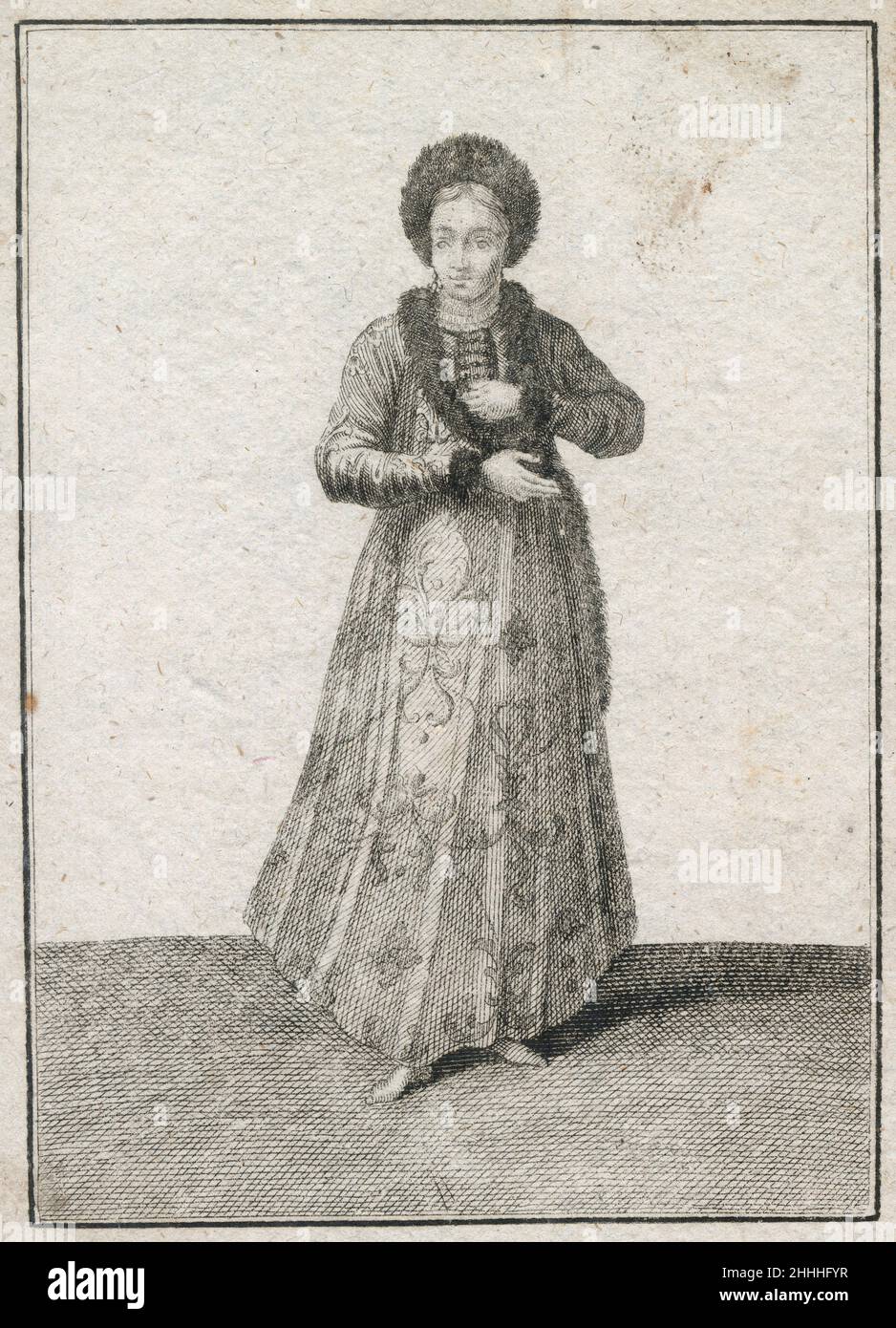 Incisione antica del 17th secolo, 'la principessa nei Wallachiani' (Die Princessin in die Walachen) di Johann Christoph Weigel, noto come Christoph Weigel il Vecchio (1654-1725). FONTE: INCISIONE ORIGINALE Foto Stock