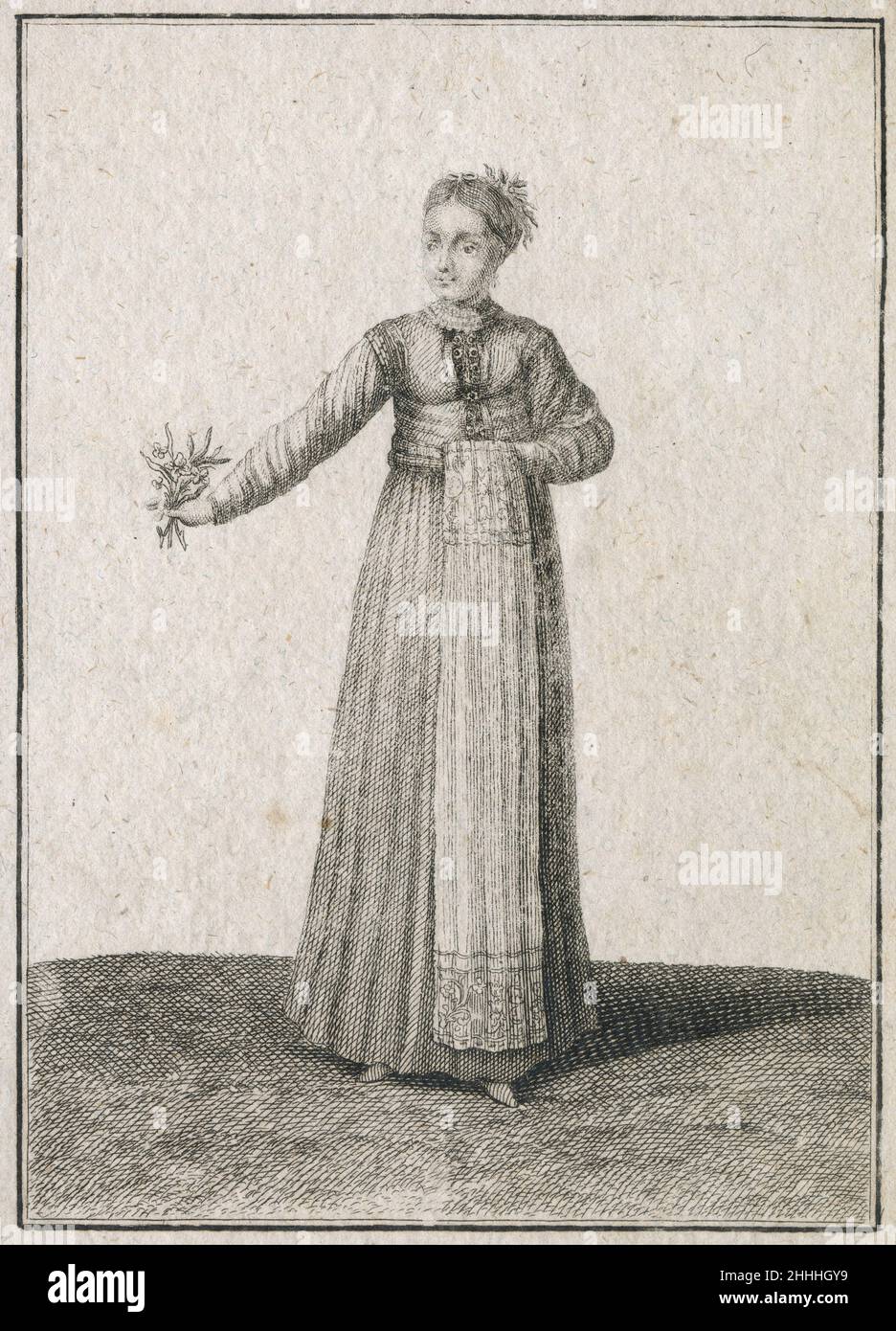 Incisione antica del 17th secolo, 'a Wallachian damsel' (Eine Walachische Jungfer) di Johann Christoph Weigel, noto come Christoph Weigel il Vecchio (1654-1725). FONTE: INCISIONE ORIGINALE Foto Stock