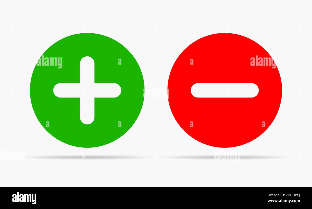 Verde più e rosso meno. Illustrazione vettoriale. Icone arrotondate più e meno su sfondo bianco. Illustrazione Vettoriale