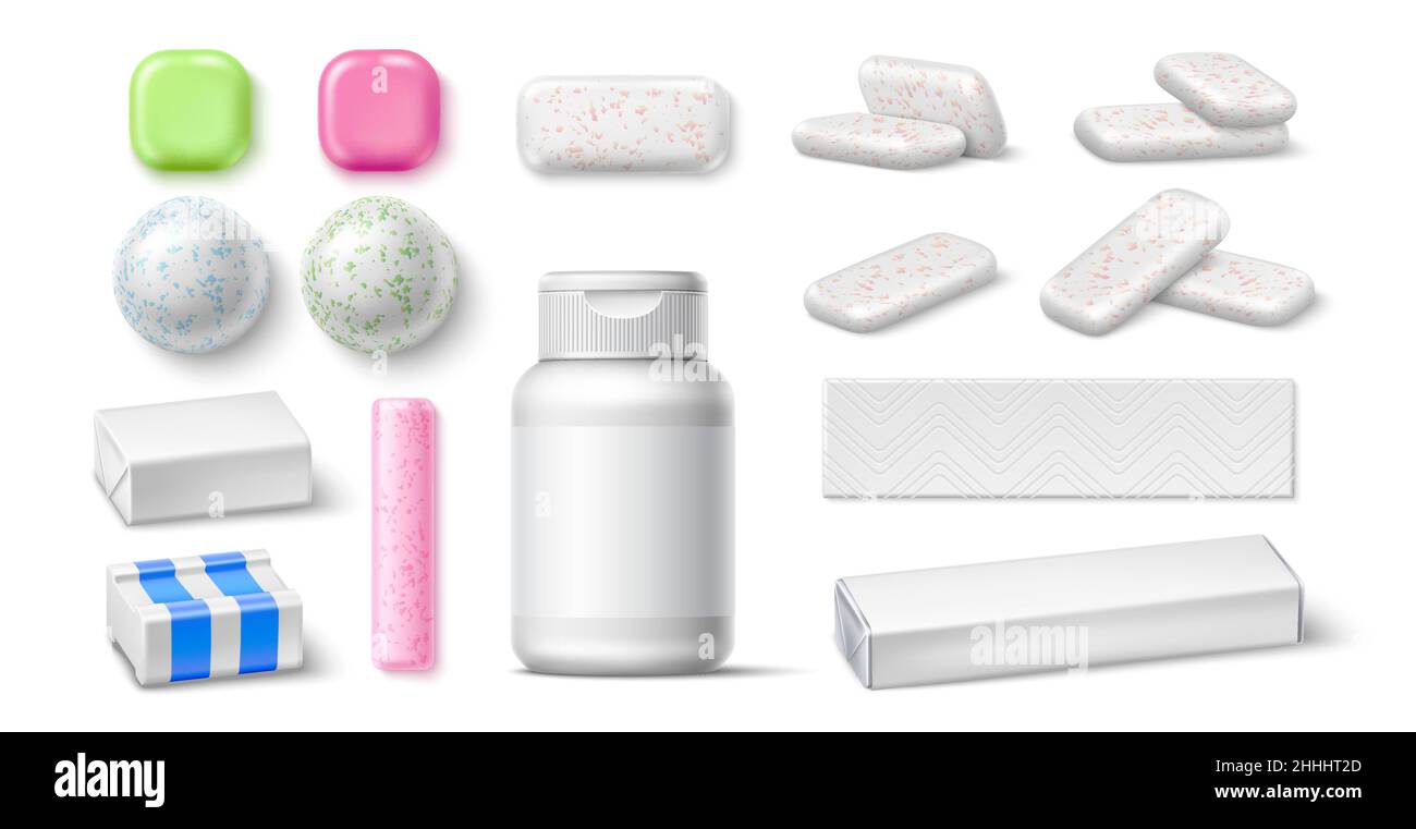 Tamponi gomma da masticare. Bubblegumi realistici, 3D prodotti, diversi mockup di imballaggio. Tamponi bianchi, palline e bastoni, sapore di mentolo e frutta, respiro fresco Illustrazione Vettoriale